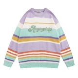 Women Sweater Vintage Mixed Color Stripe Knitted Sweater