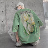 Men T Shirt Tulip Vintage Print Heavy Loose