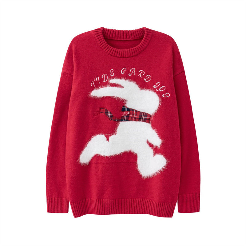 Men Sweater Rabbit Brocade Sweater Thick round Neck Loose