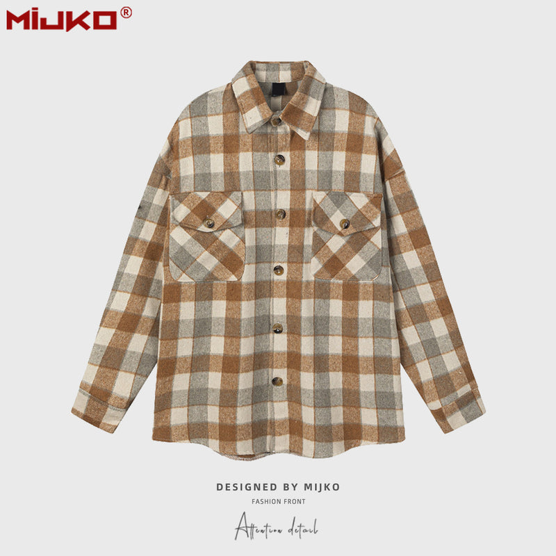 MIJKO Mens Jacket Loose Casual Plaid Jacket
