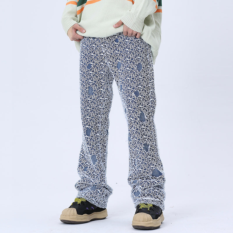 Men Jeans Hole Mesh Stitching Loose Straight