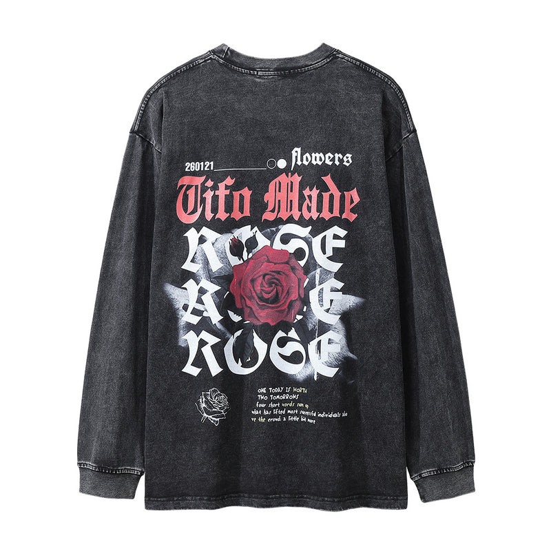 Men Long Sleeve T-Shirt Rose Pattern Loose Distressed Niche