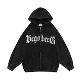 Men Fleece Lined Hoodie Letter Print Hooded Cardigan Sweater Male Loose Zipped Sports Coat