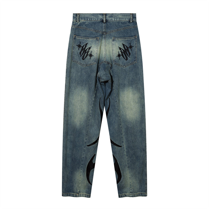 Men Jeans Abstract Flame Pattern Stitching