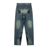 Men Jeans Abstract Flame Pattern Stitching