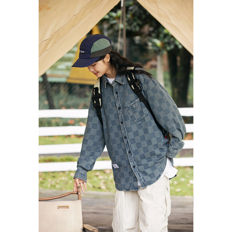 Unisex Shirt Retro Plaid Long Sleeve Denim Shirt