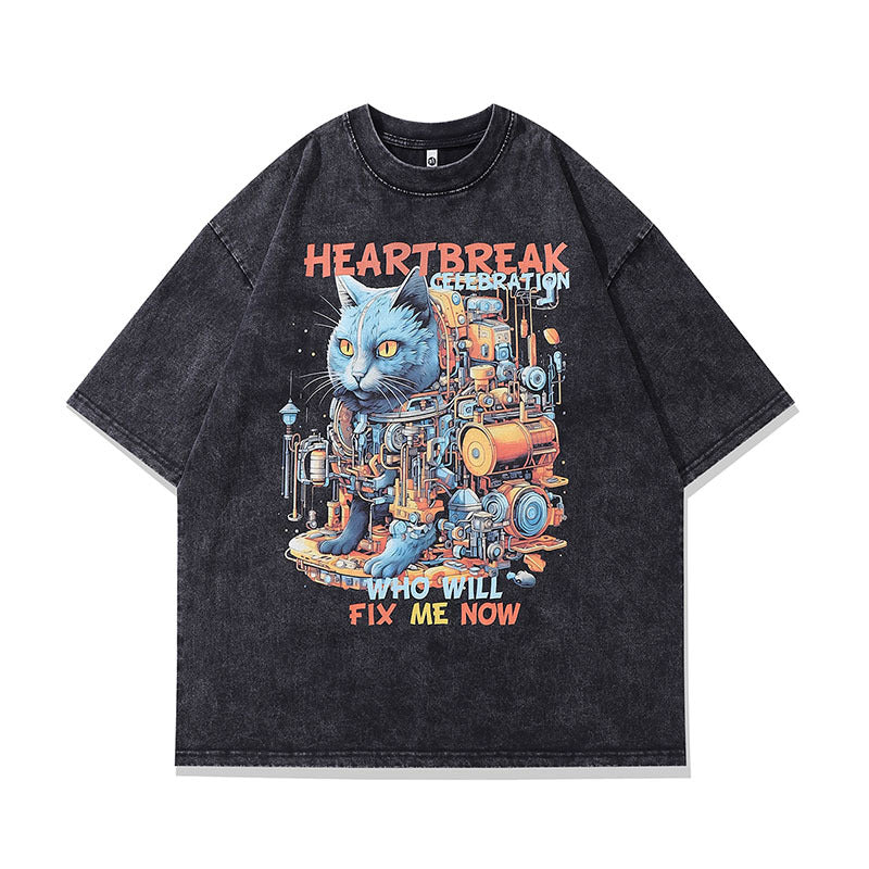 Men T-Shirt Cartoon Print Heavy Distressed Retro