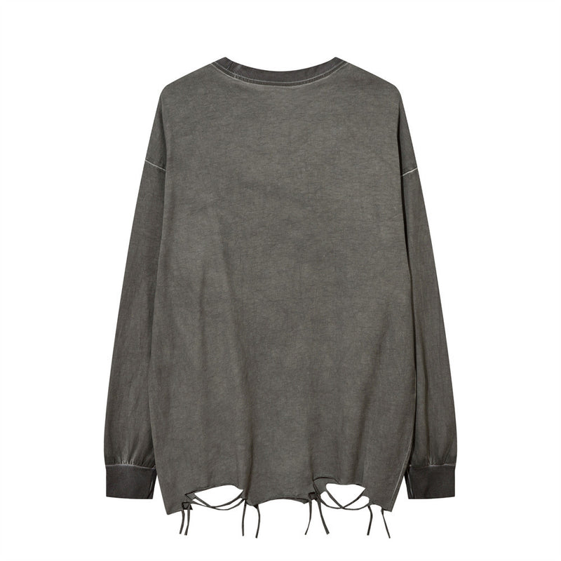 Men Long Sleeve T-Shirt Distressed Dirty Punk Swing Cut Ripped Necklace Decoration