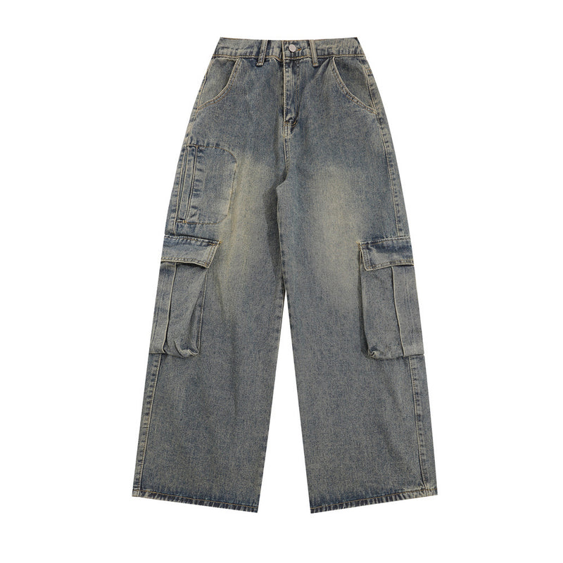 Men Jeans Multi-Pocket Workwear Jeans Retro Washed Loose