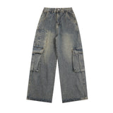 Men Jeans Multi-Pocket Workwear Jeans Retro Washed Loose