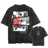 Printed Washed Tshirt Anime Demon Slayer Cotton Men Vintage
