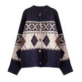 Women Knitted Cardigan Vintage Rhombus Thickened Coat
