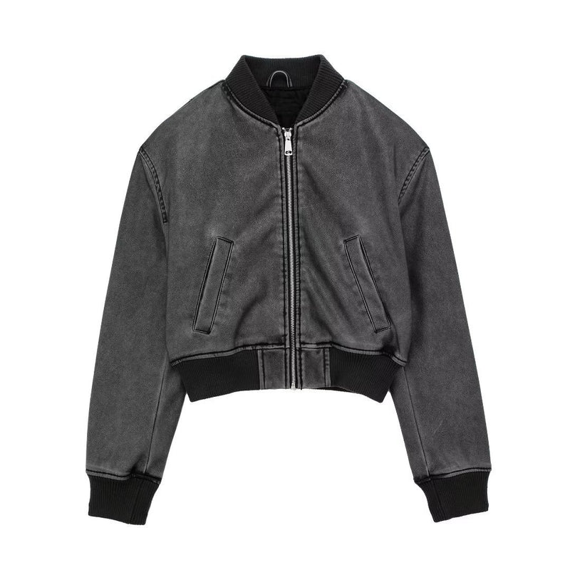Women Cotton Coat Stand Collar Motorcycle Jacket Leather Coat