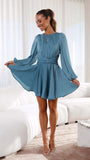 Women Dress Solid Color Lantern Sleeve Bandage Pleated Dress