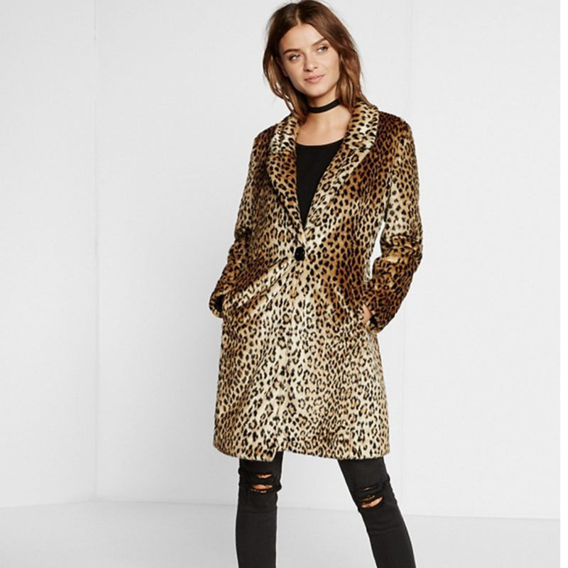 Women Fur Jacket Leopard Print Long Plush Coat