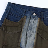 Men Jeans Stitching Polished White Personalized Punk Workwear with Pocket