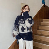 Women Knitted Cardigan Vintage Rhombus Thickened Coat