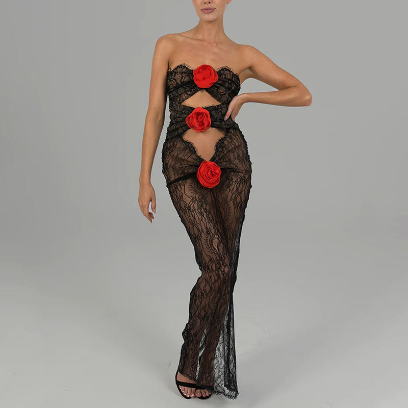 Women Dress Sexy Fashion Lace See-through Dress
