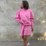 Women Co-Ords Autumn and Winter round Neck Pullover Long Sleeve Shorts Leisure