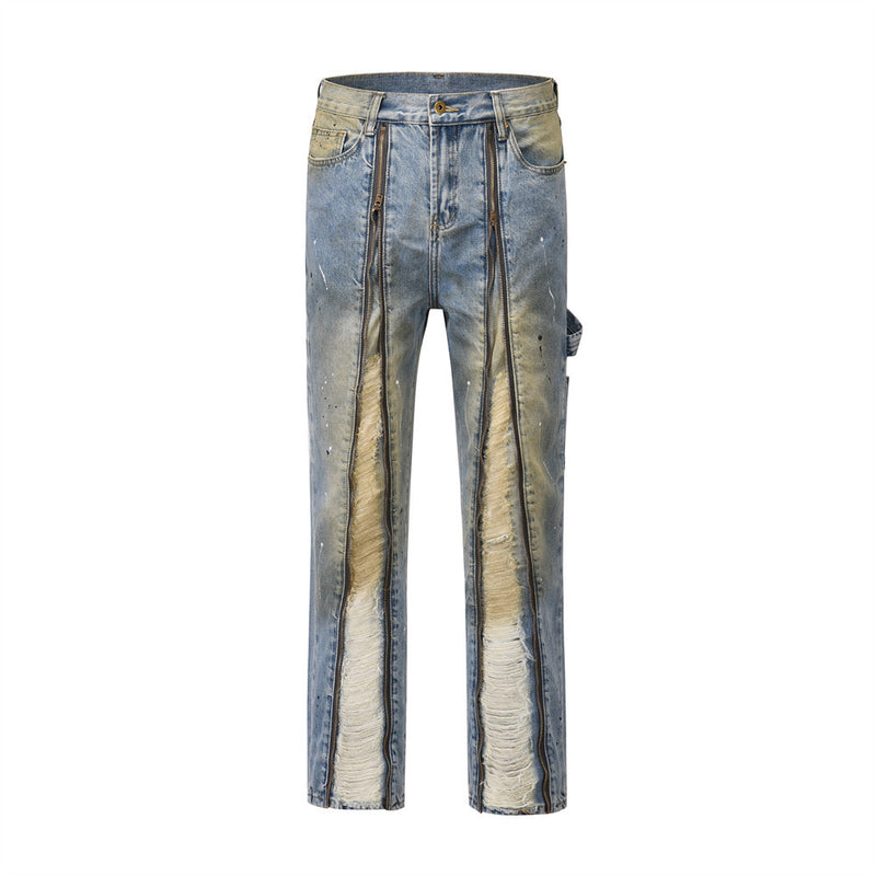 Men Jeans Punk Zipper Stitching Ripped Special Loose Distressed