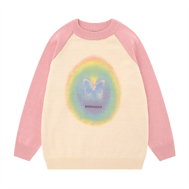 Men Sweater Butterfly Print round Neck Knitted Sweater