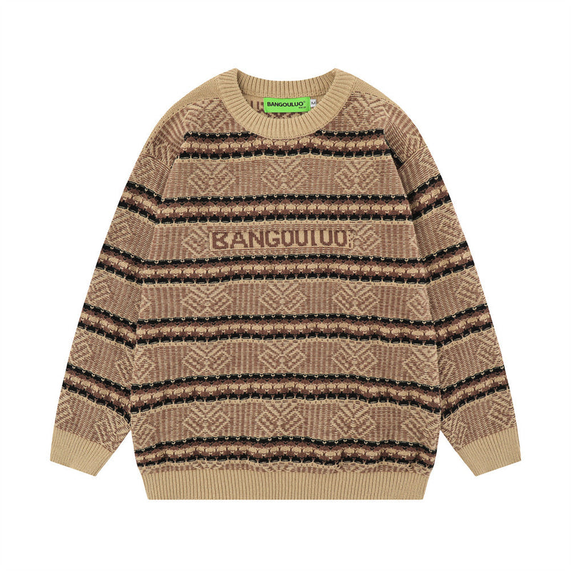 Men Sweater Striped Crocheted Crew Neck Sweater