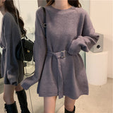 Women Pullover Sweater with Belt Long Knitted Sweater