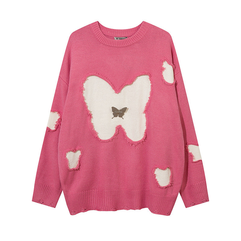 Men Sweater Butterfly Stitching Ripped Sweater