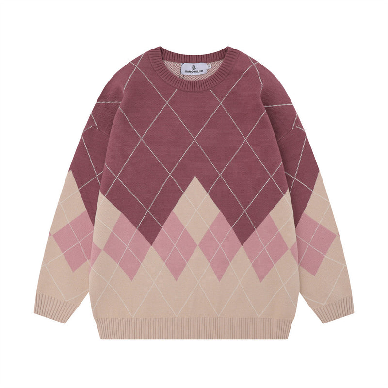 Men Sweater Gradient Diamond Plaid Casual Sweater