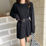Women Pullover Sweater with Belt Long Knitted Sweater