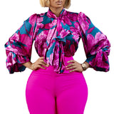 Women Tops Fashion Printed Lace up Shirt