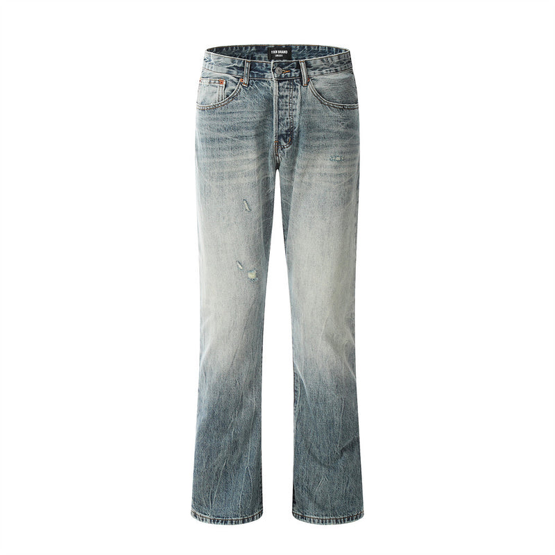 Men Jeans Ripped Bell-Bottom Pants Retro Distressed Cardigan with Buttons