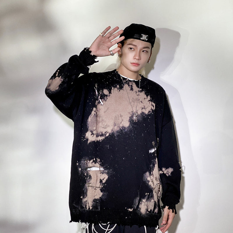 Men Sweater Pin Hole Tie-Dyed Sweater Sweater