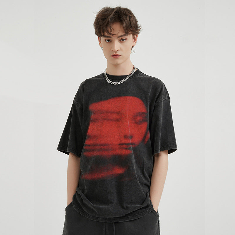 Men Washed Black T-Shirt Harajuku Streetwear Red