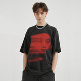 Men Washed Black T-Shirt Harajuku Streetwear Red
