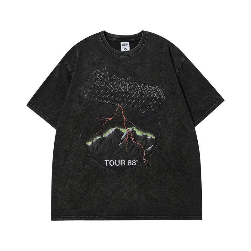 Men T-Shirt Retro Distressed Lightning Print Loose All-Match