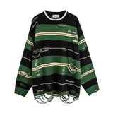 Men Sweater Hip Hop Striped Ripped Crocheted Crew Neck Sweater