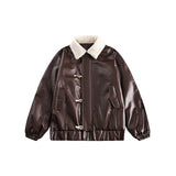 Unisex Coat Lamb Fur Lapel Winter PU Leather