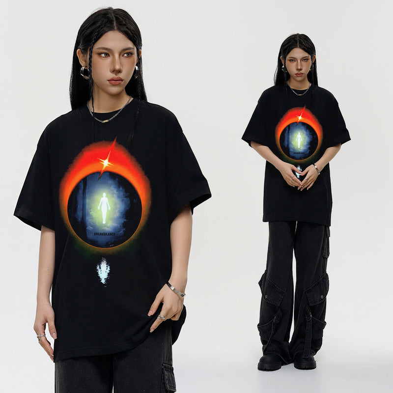 Vintage T-shirts Street Print Loose Front Shoulder Short Sleeve T-Shirt