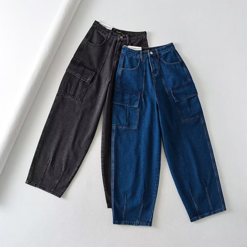 Women Jeans Multi-Pocket Retro Loose