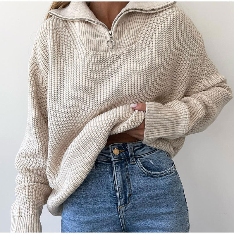 Women Work Business Casual Sweaters Zipper Loose Knitted Sweater