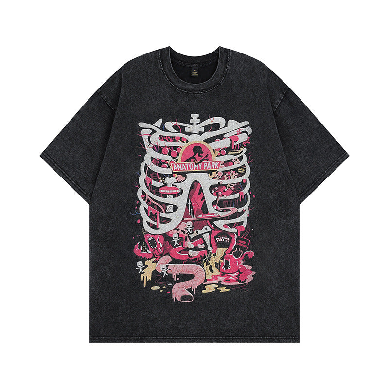 Men T-Shirt Vintage Distressed Rib Print Loose