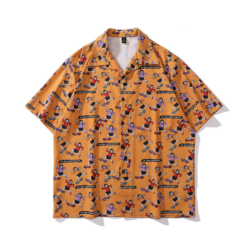 Short Sleeve Shirt Retro Cartoon Full Printed Loose Shirt