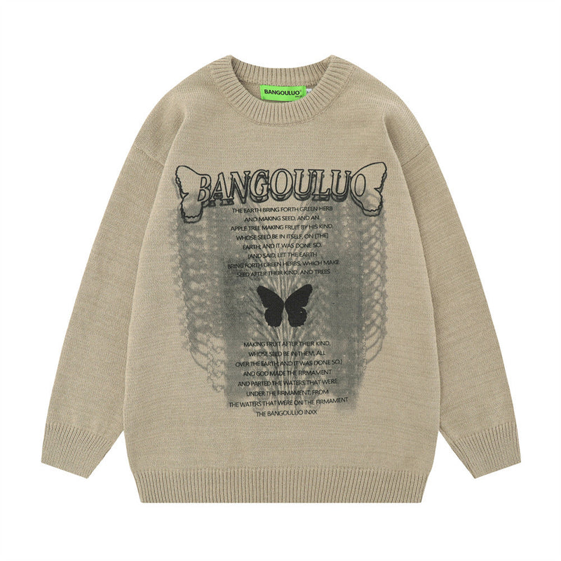 Men Sweater Butterfly Graffiti Printing Sweater Vintage
