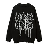 Men Sweater Chain Embroidery Turtleneck Sweater Ripped Line