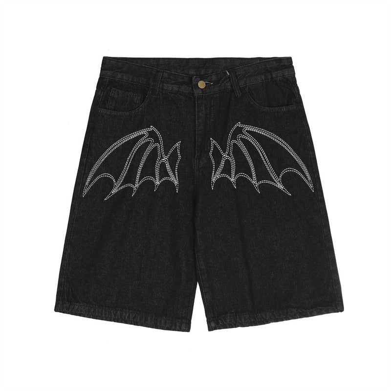 Men Shorts Embroidered Wings Denim Shorts Multi-Pocket Straight