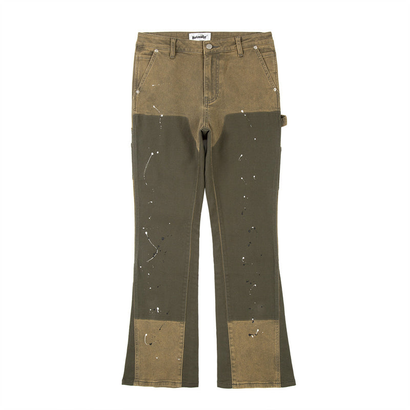 Men Jeans Stitching Bell-Bottom Pants Loose Inkjet