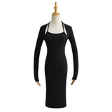 Women Dresses Fashion Fake Two Pieces Long Sleeve Stretch Dress