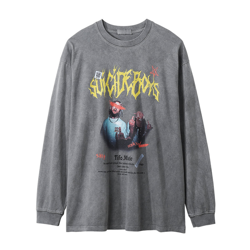 Men Long Sleeve T-Shirt Rock Rap Character Print Washed and Worn