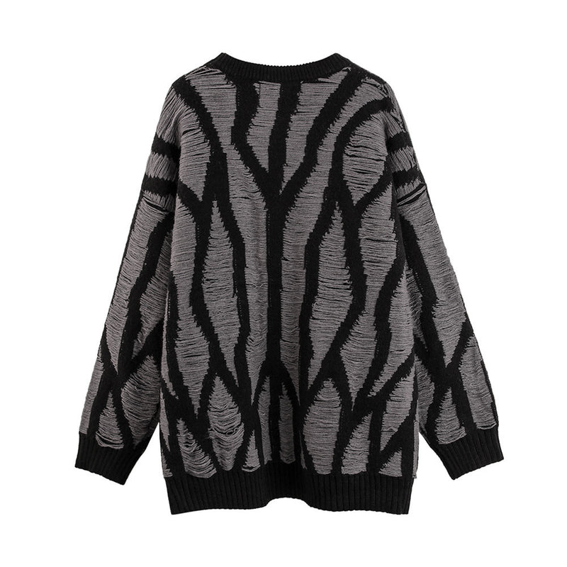 Men Sweater Striped Crocheted Ripped round Neck Sweater Embroidery